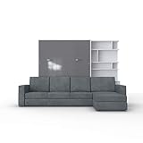 Schrankbett mit Sofa Klappbett - INVENTO Aufklappbett mit Ecksofa - 160 x 200 cm (Weiß/Grau Glanz) für Gästezimmer - Wohnzimmer - Schlafzimmer