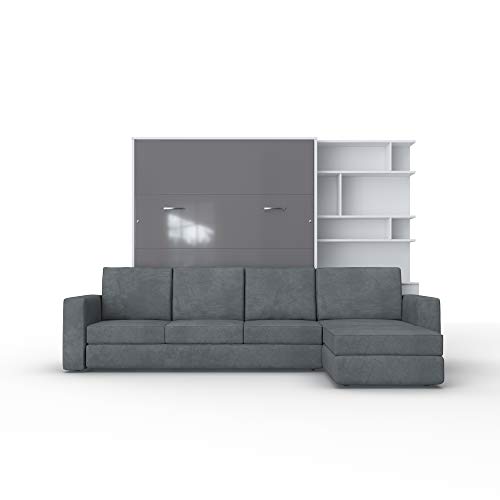 Schrankbett mit Sofa Klappbett - INVENTO Aufklappbett mit Ecksofa - 160 x 200 cm (Weiß/Grau Glanz) für Gästezimmer - Wohnzimmer - Schlafzimmer