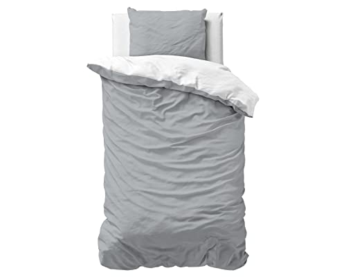 Sleeptime 100% Baumwolle Bettwäsche 140cm x 220cm Weiß/Grau - weich & bügelfrei Bettbezüge mit Druckknöpfe - Bettwäsche Set mit 1 Kissenbezüge 60cm x 70cm