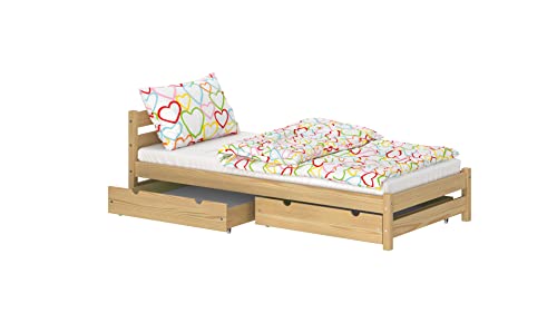 WNM Group Kinderbett für Mädchen und Jungen Nadia - Jugenbett aus Massivholz - Bett mit 2 Schubladen - Funktionsbett 190x80 cm - Natürliche Kiefer