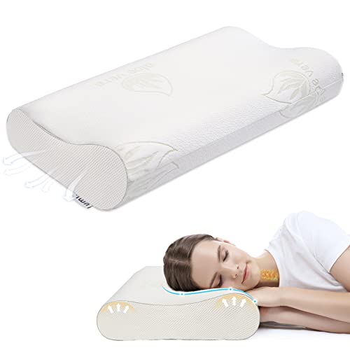 Amazon Brand – Umi Memory Foam Kopfkissen Orthopaedische Kissen nackenstützkissen - für Magen, Seiten und Rückenschläfer - Waschbarer Aloe Vera Kissenbezug, White, 60x35x13/11cm