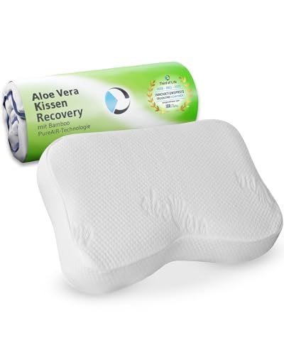 Nackenstützkissen Recovery mit pflegendem Aloe Vera Kissen-Bezug | HWS-Kopfkissen für aktive Hautpflege | Ergonomischer Visco-Schaum mit Bambus-Aktivkohle | Ideal für Allergiker | Gratis Reisetasche