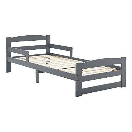 Juskys Jugendbett Arona 90x200 cm mit Lattenrost - Bettgestell aus Massivholz - Einzelbett mit Rausfallschutz - Stauraum unter dem Bett - Grau