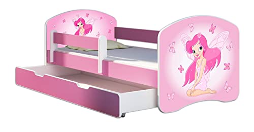 Kinderbett Jugendbett mit einer Schublade und Matratze Rausfallschutz Rosa 70 x 140 80 x 160 80 x 180 ACMA II (07 Rosa Fee, 70 x 140 cm + Bettkasten)