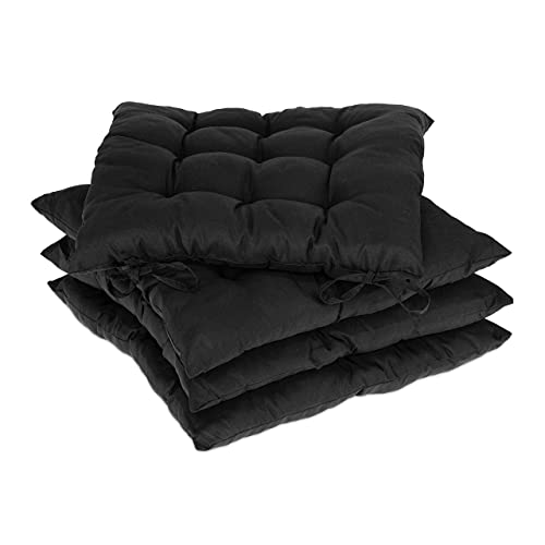 Relaxdays Stuhlkissen 4er Set, 38x38 cm, Sitzkissen mit Bändern, Indoor & Outdoor, Polyesterbezug, Stuhlpolster, schwarz, 4 Stück (1er Pack)