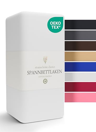 Strauss Home® Jersey Spannbettlaken Spannbetttuch Bettlaken 100% Baumwolle 180x220-200x220cm (Weiß)