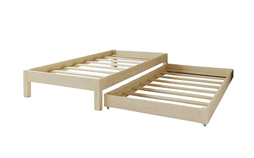 Profiwood Kinderbett mit Ausziehbett - Einzelbett mit zweitem Schlafplatz - Funktionsbett, Ausziehbett, Jugendbett, Hausbett für Jungen und Mädchen - aus natürlichem Holz, Kiefernholz - 80x190 cm