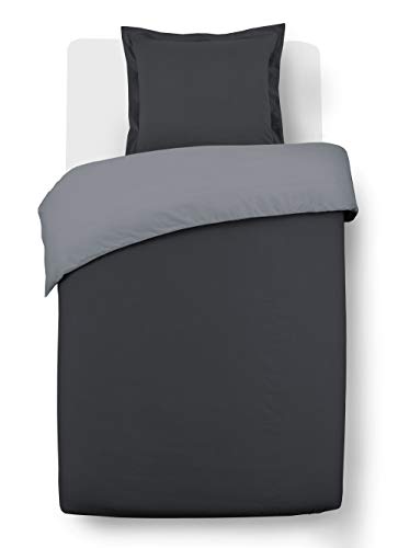 Vision - Wende-Bettwäsche, zweifarbig, anthrazit/grau, Set aus Bettbezug 140 x 200 cm, mit 1 Kissenbezug für Einzelbett, 100% Baumwolle