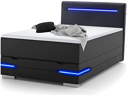 wonello Boxspringbett 140x200 mit Bettkasten, LED Beleuchtung und 2X USB Anschluss - gemütliches Bett mit einzigartiger Optik - Stauraumbett 140 x 200 cm beleuchtet schwarz mit Matratze und Topper