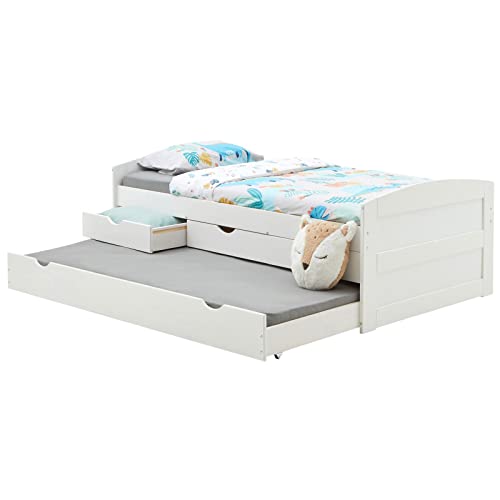 IDIMEX Kojenbett Jessy aus massiver Kiefer weiß, schönes Jugendbett mit 3 Schubladen, praktisches Funktionsbett mit Auszugbett, gemütliches Bett in 90 x 190 cm