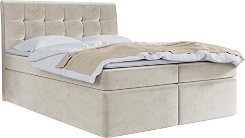 WFL GROUP Boxspringbett mit Bettkasten 120x200 140x200 160x200 180x200 200x200 Doppelbett Gepolstert Bett Mit Matratze und Topper - Stauraumbett mit Kopfteil - Beige Samt - 120 x 200 cm