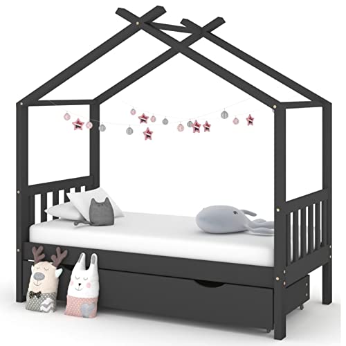 SECOLI hausbett 80x160 Kinderbett mit Schublade stauraumbett 70x140 für Jungen & Mädchen Kinder Haus Bett aus Kiefer Holz Jugendbett Massivholz-Dunkelgrau-2-80 x 160 cm