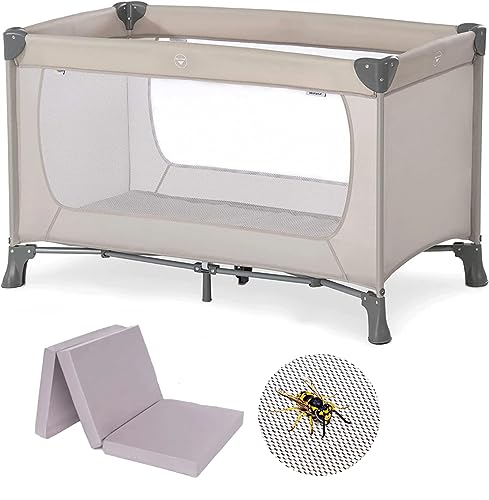 Hauck Baby Reisebett Set Dream n Play mit extra Alvi Komfort Matratze und Moskitonetz - faltbares Kinder Babyreisebett mit Tasche - Beige