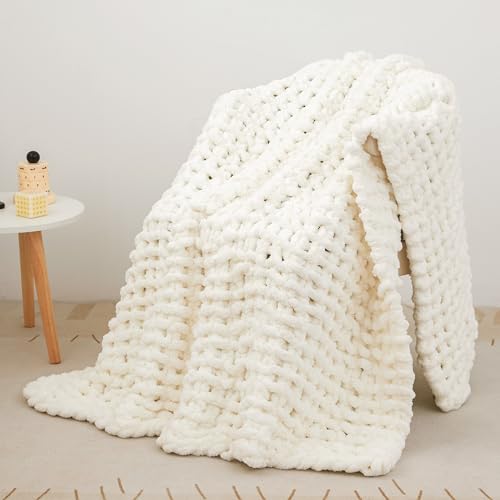 Viviland Chunky Knit Decke, Luxus 100% Hand gestrickt, weich und gemütlich Schlafsofa Stuhl Gewichtete Dicke Gewebte Wurf Decke, 76 * 101cm, weiß