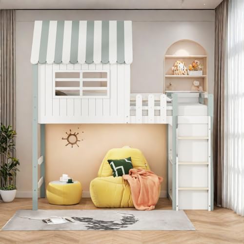 Sapgaks Kinderbett Etagenbett 90x200 Hochbett rausfallschutz Kinderbett Einzelbett Heimbett Dachform mit Sicherheitsleiter mit Ablagefach Multifunktionsbett Massivholzbett mit Lattenrost Grün