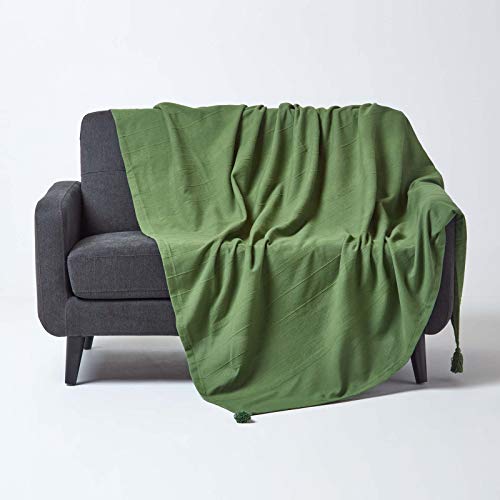 Homescapes große Tagesdecke Rajput, grün, Wohndecke aus 100% Baumwolle, 225 x 255 cm, Sofaüberwurf/Couchüberwurf in RIPP-Optik