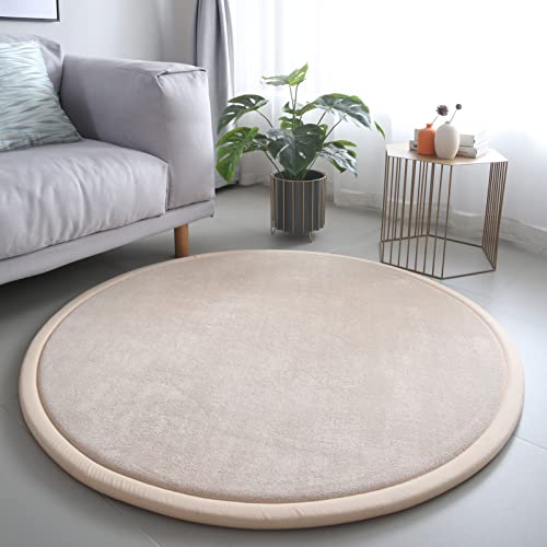 Loartee korallenrote Samtmatte Teppich Rund, als Krabbeldecke fürs Kind,2,5cm Dicker Kinderteppich,Beige,100cm