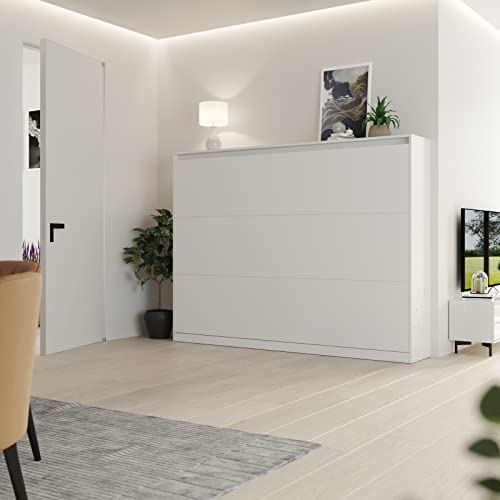 Schrankbett 140x200 cm Horizontal Weiß mit GASDRUCKFEDERN, Wandklappbett, Gästezimmer, Büro, Schlafzimmer