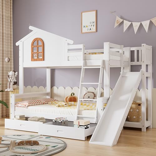 Aoskem Kinderbett Etagenbett 90x200 & 120x200, mit 2 Schubladen, Hochbett Hausbett Holzbett, Leiter & Rutsche, Bettgestell mit Rausfallschutz und Lattenrost, Kinder & Mutterbett, Ohne Matratze, Weiß