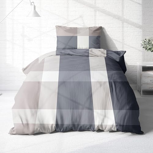 Träumschön Biber Bettwäsche 155x220 cm - Karierte Bettwäsche Baumwolle - Fein-Biber Bettbezug 155 x 220-2 TLG Bettwäschen Set 100% Baumwolle