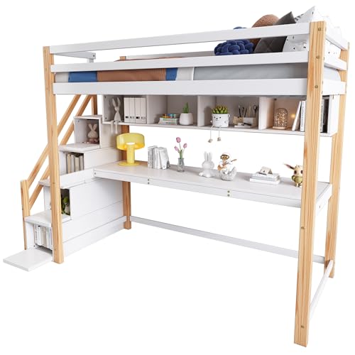 FEZTOY Hochbett Kinderbett mit 4 Speicherung Treppe und Schreibtisch, Etagenbett mit Regalen, Funktionsbett Stockbett 90x200cm Jugendbett Spielbett