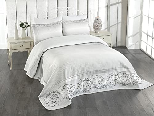 ABAKUHAUS Silber Tagesdecke Set, Klassisches Brautblumenmotiv, Set mit Kissenbezügen Waschbar, für Doppelbetten 220 x 220 cm, Weiß Grau