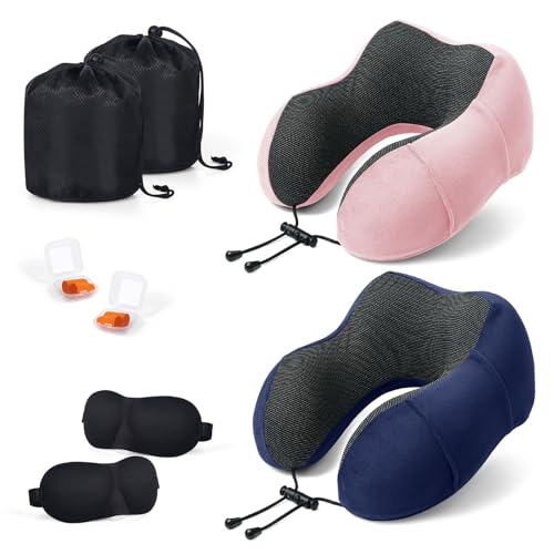 SOMLAW Reise Nackenkissen aus Memory Foam, mit 3D-Augenmaske&Ohrstöpsel, Reisekissen Weiches Baumwolle U-Förmiges Schlafen Nackenstützkissen Travel Pillow für Flugzeug Auto Zug Büro (Rosa+Blau)