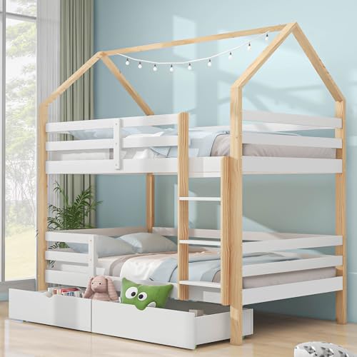 Merax Hochbett 90x200cm, Etagenbett mit Leiter & große Schubladen Stockbett für 2 Kinder mit Rausfallschutz und 2 Lattenrost, Kiefernholz Kinderbett Jugendbett, Doppelbett Hausbett, Holzfarbe & Weiß