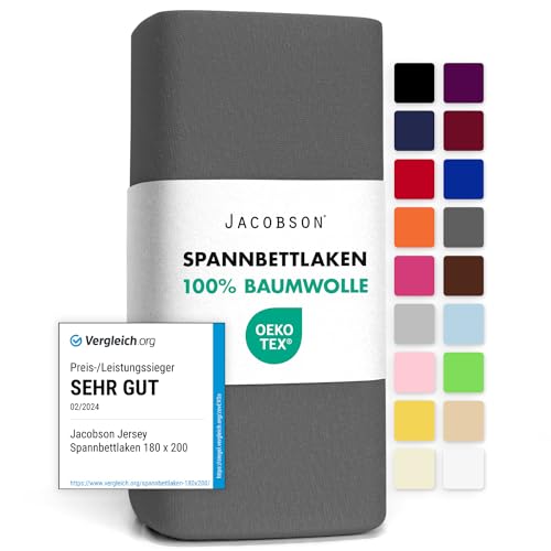 Jacobson Jersey Spannbettlaken Spannbetttuch Baumwolle Bettlaken (90x200-100x200 cm, Anthrazit)