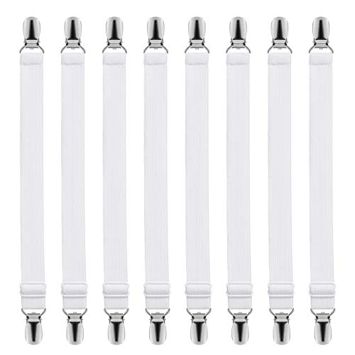 LIHAO 8 Stück Betttuchspanner Verstellbar Bügelbrettbezug Spanner für Bettlaken Weiß Bettlakenspanner mit Metallclips Lakenspanner Matratze Bügelbrett Sofa Bügeltischspanner (MEHRWEG)
