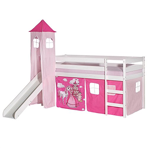 IDIMEX Hochbett mit Rutsche Benny Kinderbett Spielbett Holzbett mit Vorhang und Turm Prinzessin Motiv rosa pink, Kiefer massiv weiß lackiert, 90 x 200 cm