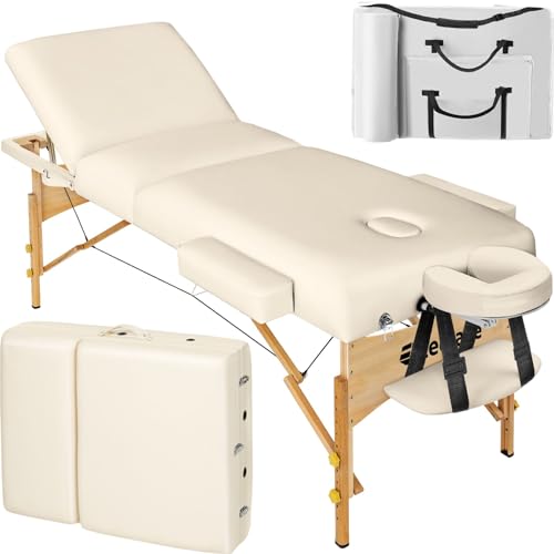 tectake höhenverstellbare Massageliege 3 Zonen, Massageliege klappbar, Massagetisch, 10 cm Polsterung, Mobile Massageliege, Kopf- und Armstütze, Massagebank mit Holzfüßen, Zubehör Tragetasche - beige