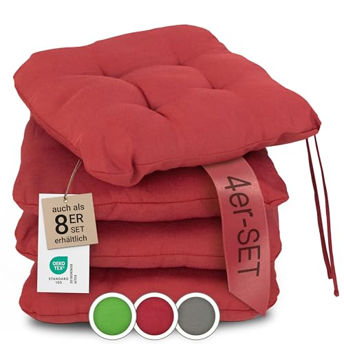 ZOLLNER 4er Set Sitzkissen in 38x38cm - gemütliche Stuhlkissen mit Bindebänder - waschbar bis 30°C - in rot - Oeko Tex® Zertifiziert