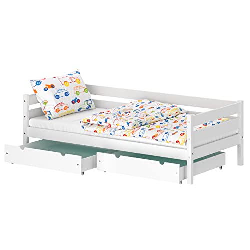 WNM Group Kinderbett für Mädchen und Jungen Kaira - Jugenbett aus Massivholz - Bett mit 2 Schubladen - Funktionsbett 190x80 cm - Weiß