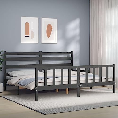 DCRAF Bettgestell mit Kopfteil, Massivholz, 180 x 200 cm, für Super-Kingsize-Bett, Grau