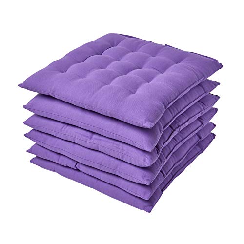 Homescapes 6er Set Stuhlkissen 40 x 40 cm, lila, Sitzkissen mit Bändern und Knopfverschluss, einfarbige Auflagen für Stühle mit Bezug aus 100% Baumwolle und weicher Polyester-Füllung, violett