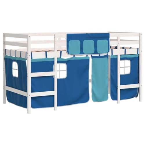 vidaXL Kinderhochbett, Hochbett mit Leiter Vorhängen, Spielbett Bett für Kinder ab 6 Jahren, Kinderbett Etagenbett Stockbett, Blau 90x200cm Massivholz Kiefer