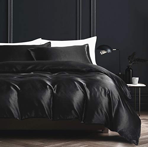 Damier Bettwäsche 200x200cm Schwarz Satin Bettwäsche Set 3 Teilig Einfarbig Hochwertiges Satin Deckenbezug Bettbezug mit Reißverschluss und 2 Kissenbezüge 80 × 80 cm