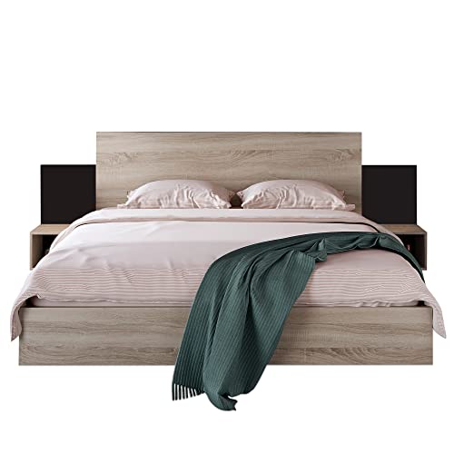 I0I&I0I Doppelbett Holzbett Bettanlage 160 x 200 cm mit 2 Nachtkommoden Modernes Bett inkl. 2 Nachttischen Schlafzimmer Komplett-205.5x235x76.5 cm(T/B/H) Set in Eiche Sonoma (Dunkelgrau)
