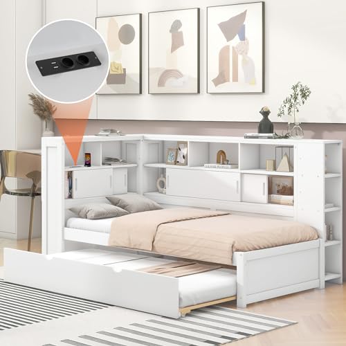 Dolamaní Stauraumbett Bett Ausziehbar 90x200cm(90x190cm) Holz, Ausziehbett mit Mehrere Ablagefächer, Einzelbetten mit Lattenrost, Massivholzbett (Weiß)