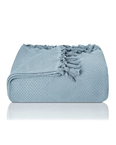 LAYNENBURG Premium Tagesdecke mit handgeknüpften Fransen - 100% Baumwolle - 150 x 220 cm - Waffelpique Sommerdecke - Baumwolldecke als Bett-Überwurf, Couch-Überwurf & Sofa-Decke (Hellblau)