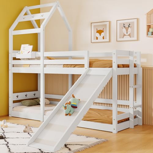 Merax Kinderbett Etagenbett 90x200 cm, Hochbett mit Rutsche & Leiter, Kinder Hausbett mit Rausfallschutz & 2 Lattenrost, Niedlicher Baumhaus Spielplatz für Junge & Mädchen, Holzbett, Dach Design, Weiß