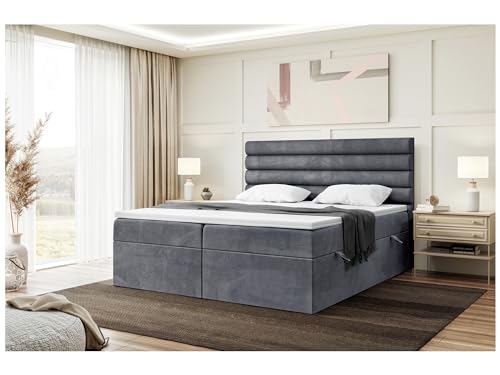 MEBLINI Boxspringbett mit Bettkasten - Gepolstert Doppelbett mit Matratze und Topper - Polsterbett mit Stauraum - Bett mit Kopfteil - Stauraumbett - Karim - 160x220 - H3/Dunkelgrau Samt