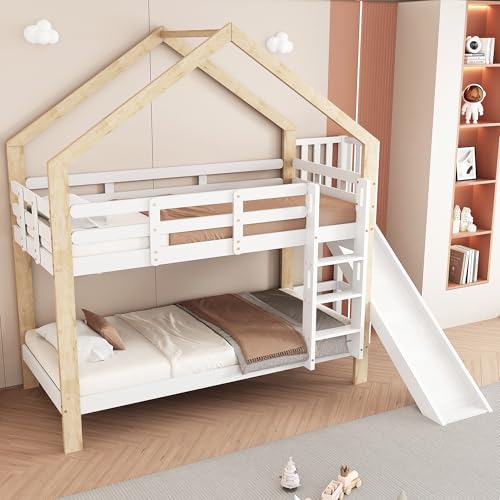 FEZTOY Kinderbett Baumhaus 90 x 200 cm mit Rutsche & Leiter — Etagenbett für Kinder — 2X Lattenrost bis 100 kg — Hausbett aus Massivholz, KSIJF44ADG