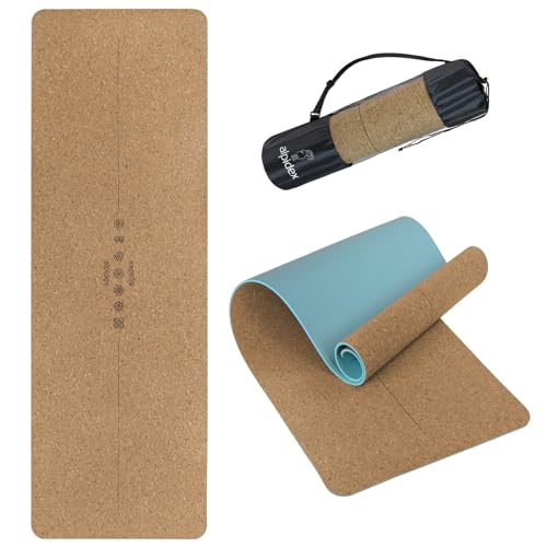 ALPIDEX Kork Yogamatte 183 x 61 x 0.6 cm Fitness Pilates Matte Schadstofffrei rutschfest Tragetasche Hilfslinien Natürlicher Kork Yoga Mat, Mint