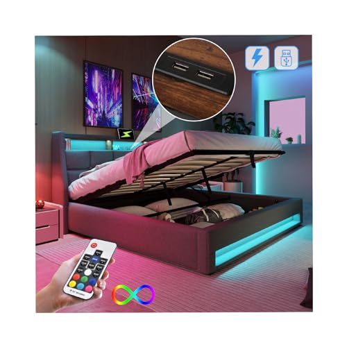 Bett 160x200 mit LED und USB, Polsterbett 160x200cm, Doppelbett mit Stauraum und Lattenrost, LED Kopfteil mit USB Ladefunktion, Stauraumbett Funktionsbetten Rückenlehne Bettgestell, Leinen -Grau