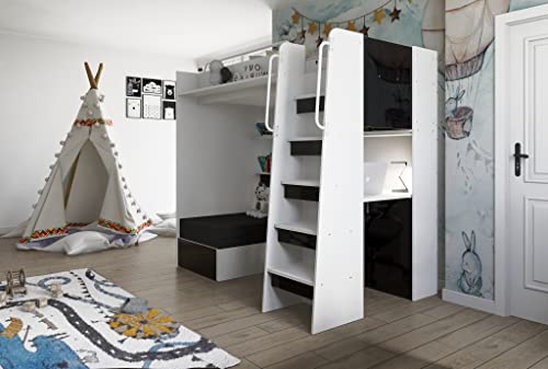 Marlux-Meble Hochbett JSM-7 90x200 TREPPE RECHTS mit Schreibtisch Schränke und Ausklappbares Sofa 70x180 Hochglanz Funktionsbett Etagenbett Stockbett Kinderhochbett Jugendhochbett (Schwarz Glanz)