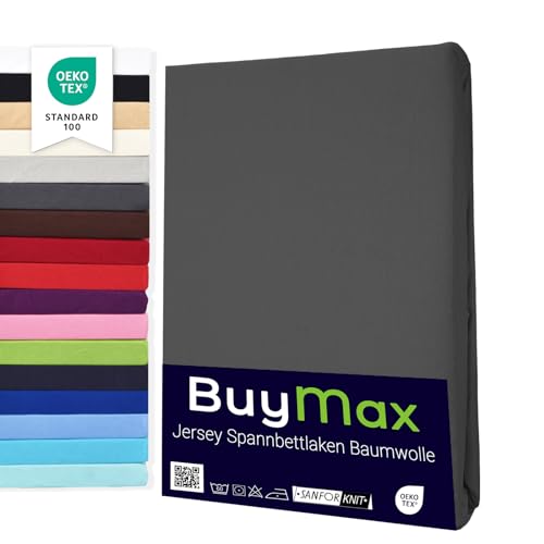Buymax Spannbettlaken 120x200cm Baumwolle 100% Spannbetttuch Bettlaken Jersey, Matratzenhöhe bis 25 cm, Farbe Anthrazit