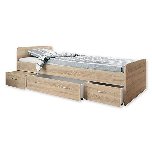 Boro Modernes Einzelbett mit 3X Schubkästen 90 x 200 cm - Praktisches Jugendzimmer Kojenbett in Eiche Sonoma Optik - 95 x 66 x 204 cm (B/H/T)