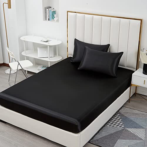 Michorinee Satin Spannbettlaken 180x200cm Schwarz Glatt Seide Glanzsatin Bettlaken Boxspringbett Topper Microfaser Spannbetttuch für Matratze bis 25 cm